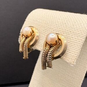 Vintage Star Faux Pearl Gold Tone Textured Mesh Rope Clip On‎ Earrings 1950s